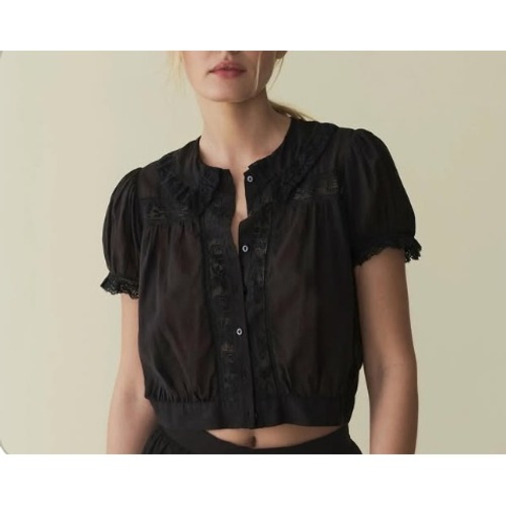 Doen Black Organic Cotton Lace Trim Cropped Blouse Peter Pan Collar S NEW